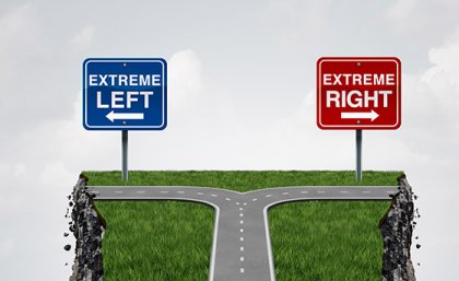 A road comes to a T-intersection with signs 'Extreme left' and 'Extreme right - with both roads then going off a cliffthen